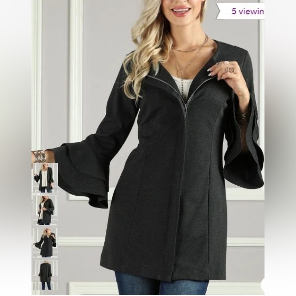 Suzanne Betro Black Ruffle-Sleeve Zip Front Jacket Women’s Size 4X
